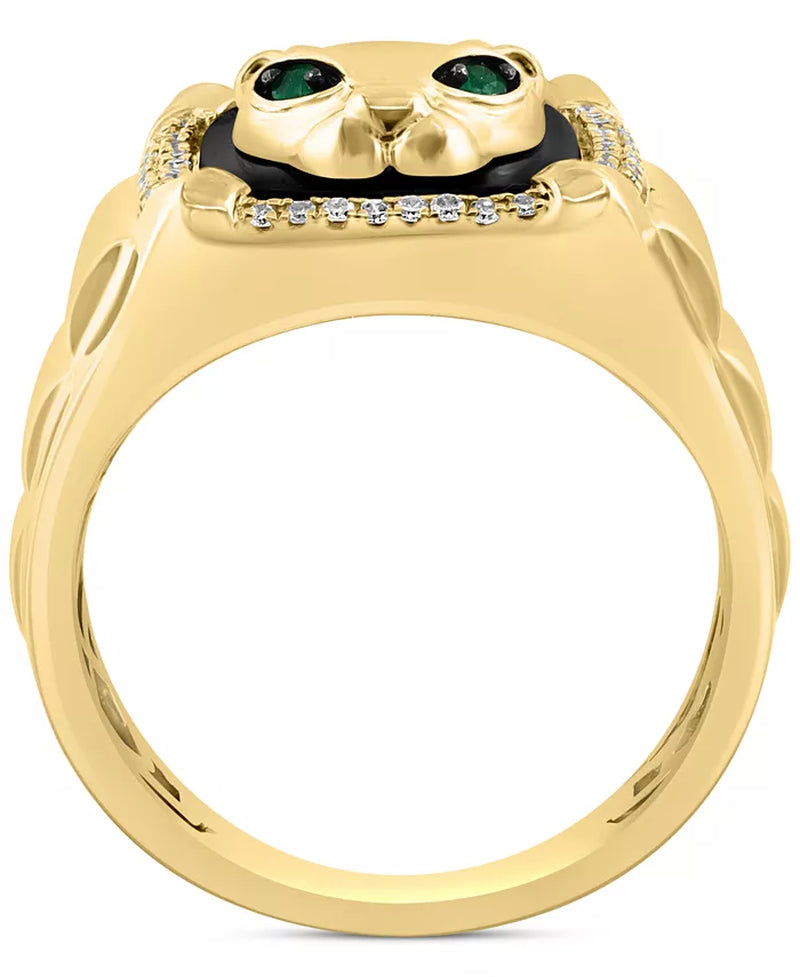 EFFYÂ® Men'S Onyx, Diamond (1/5 Ct. T.W.) & Emerald (1/20 Ct. T.W.) Panther Signet Ring in 14K Gold