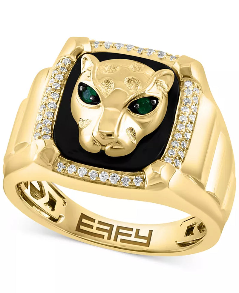 EFFYÂ® Men'S Onyx, Diamond (1/5 Ct. T.W.) & Emerald (1/20 Ct. T.W.) Panther Signet Ring in 14K Gold